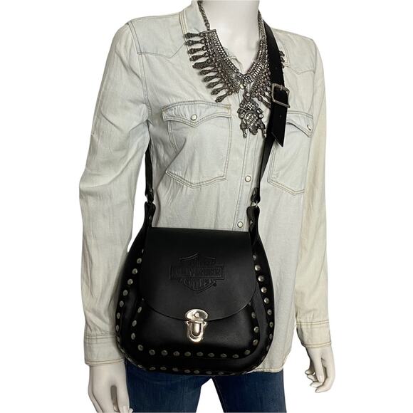 Harley-Davidson Black Leather Studded Saddlebag Crossbody Handbag - Picture 1 of 6
